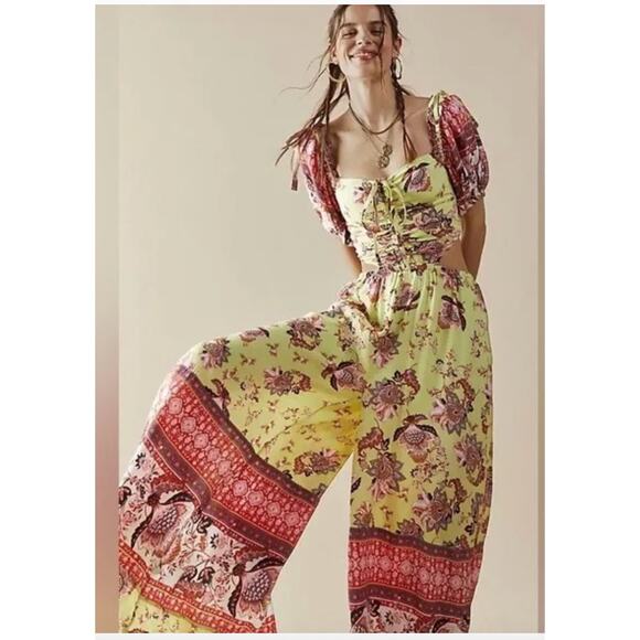 Free People Pants - Free People Jumpsuit Womens Medium Bali Citrus Skies Boho Floral Wide Leg